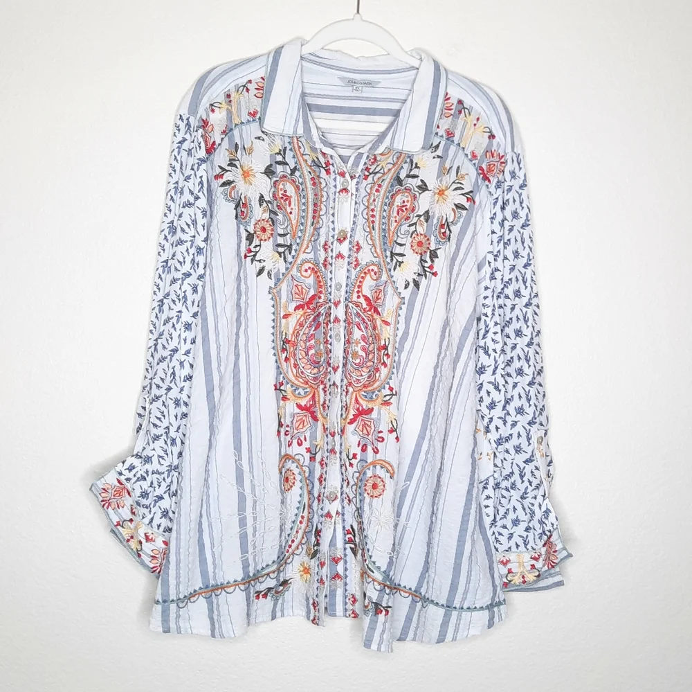 John Mark Bohemian Embroidered Button Down Blouse 2X